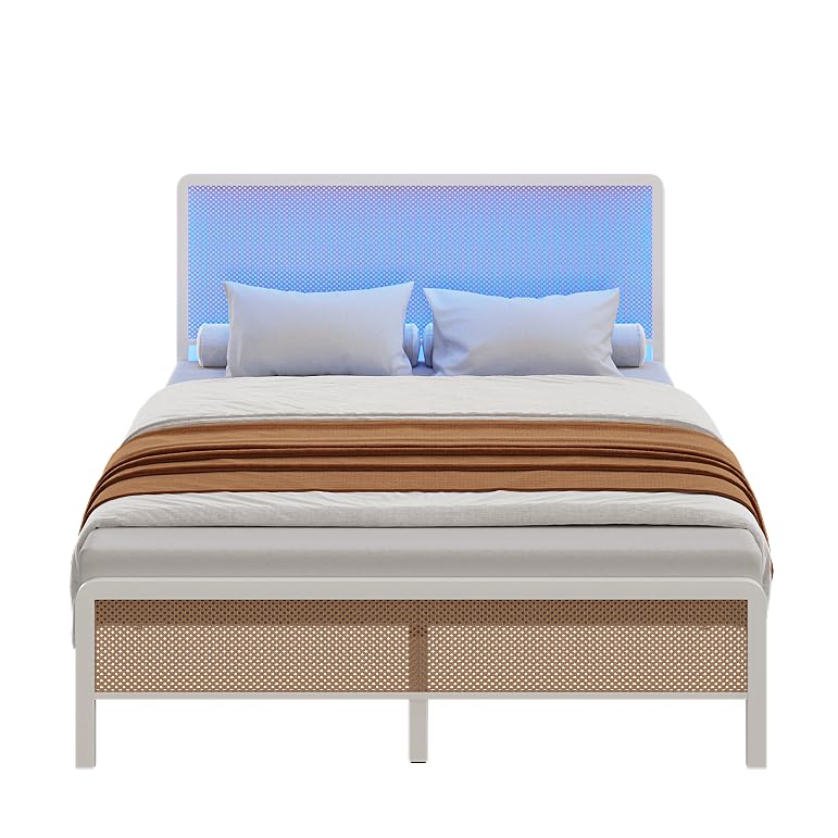 GAOMON Queen Size Bed Frame with LED Lights and Rattan Headboard, Modern Rattan Platform Bed, Heavy Duty Bed Frame with Metal Slat Support, No Box Spring Needed, Easy Assembly, White GAOMON