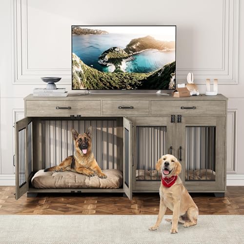 71''Wooden Dog Crate Furniture for 2 Dogs, XXL Indoor Double Dog Kennel with 3 Storage Drawers and Removable Divider, Wooden Double Doors, Large Dog Crate TV Stand End Table, Gray GarveeTech