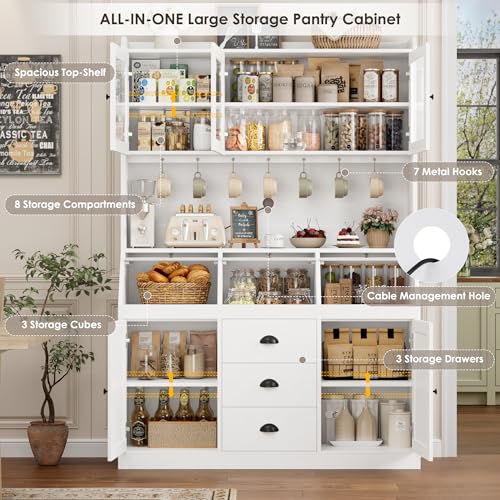 HIFIT 71.4” H Kitchen Pantry Storage Cabinet, Farmhouse Tall Pantry Cabinet with 3 Bread Storage Containers and Cable Hole, 47.2” Wide Kitchen Hutch with 7 Metal Hooks and Glass Doors, White HIFIT