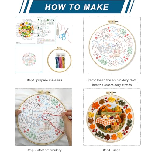Zhenqing Autumn Picnic Squirrel Embroidery Kit for Beginners - Complete Set with Pre-Printed 29x29cm Cotton Fabric, Hoop, Threads & Tools(C0141)