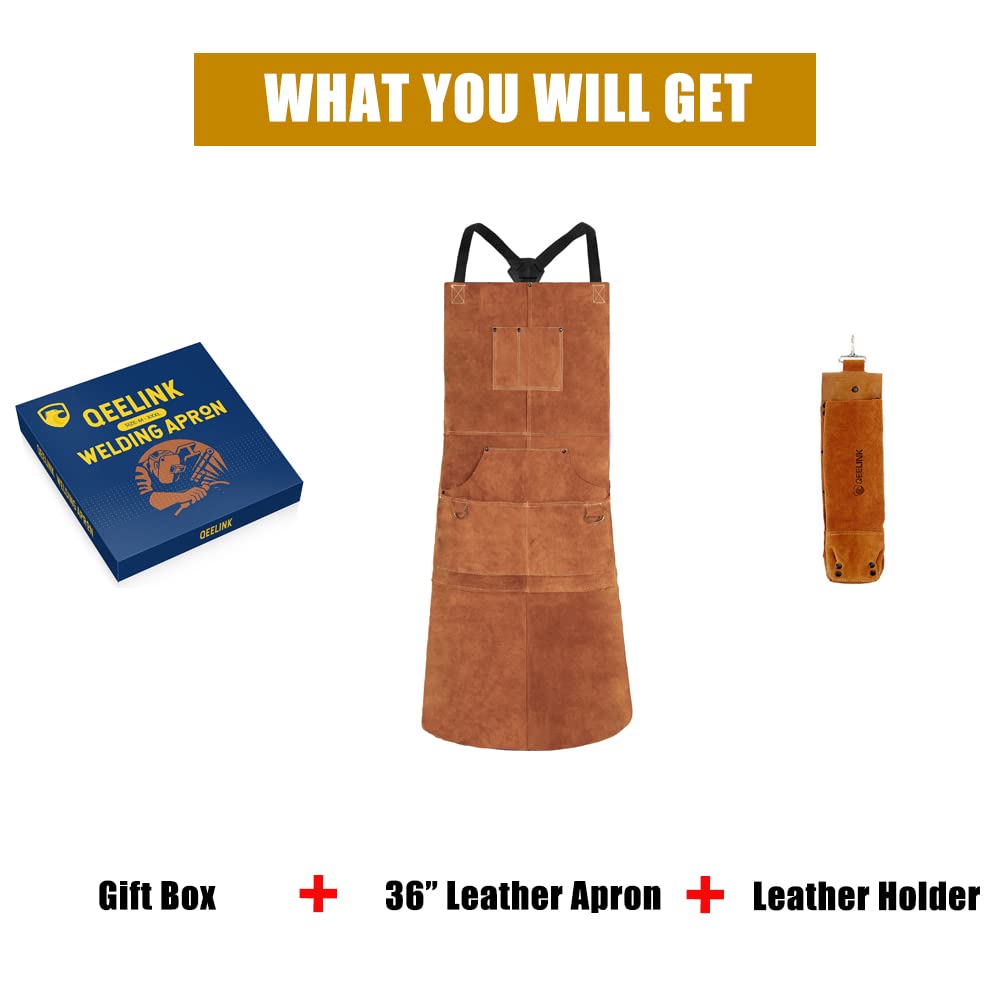 QeeLink Leather Work Shop Apron with 6 Tool Pockets Heat & Flame Resistant Heavy Duty Welding Apron, 24" x 36", Adjustable M to XXL for Men & Women (Brown - Deluxe Edition) QeeLink