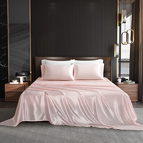 N\A HommxJF Blush Pink Satin Sheets Twin Size Sheets Set Silky Sheets, 3 Pieces Bedding Sheets & Pillowcases with 1 Flat Sheet + 1 Deep Pocket Fitted Sheet + 1 Pillowcase (Blush Pink, Twin) N\A