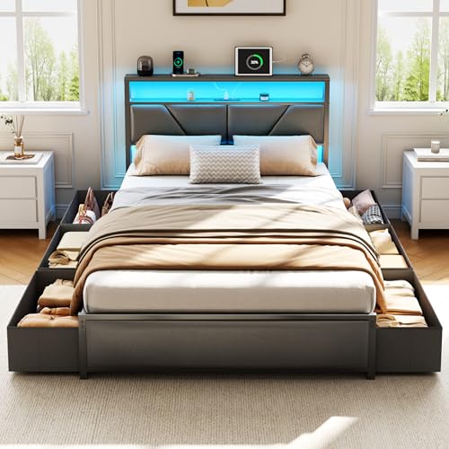 OURPIC Full Size Bed Frame, 2-Tier Storage Headboard & 6 Drawers, PU Leather Upholstered Platform Bed Frame Full with Charging Station and LED Lights, No Box Spring Needed, Noise Free OURPIC