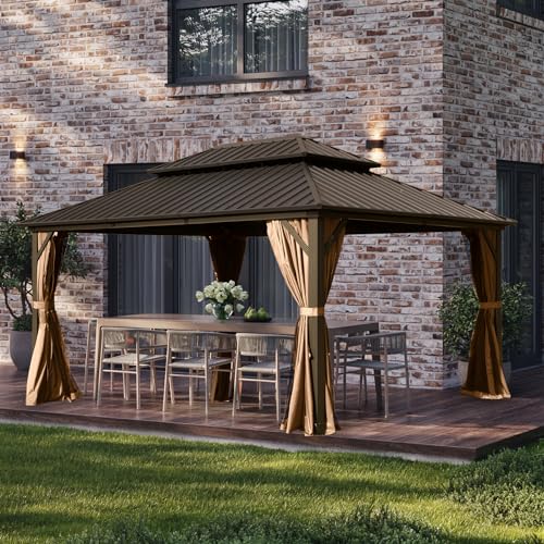 Domi Hardtop Gazebos 10x14FT, Aluminum Metal Gazebo with Galvanized Steel Double Roof Canopy, Curtain and Netting, Permanent Gazebo Pavilion for Patio, Backyard, Deck and Lawn, Brown domi outdoor living