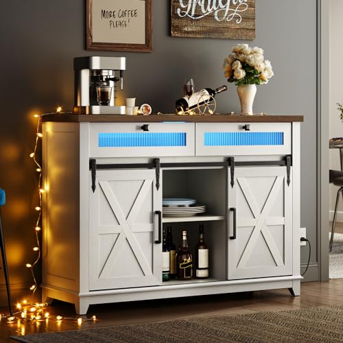RALGEND Farmhouse Buffet Cabinet with LED Lights, 47" Coffee Bar Cabinet with Power Outlet, Kitchen Buffet Cabinet with 2 Drawers, Sideboard Cabinet, Sliding Barn Doors, White and Walnut 12CBUDWH RALGEND