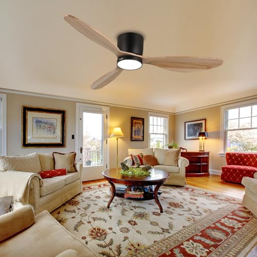 reiga 52" Natural Wood Ceiling Fan with Light and Remote, 3 Blade Flush Mount Low Profile Ceiling Fan for Bedrooom Living Room, Quiet DC Motor reiga