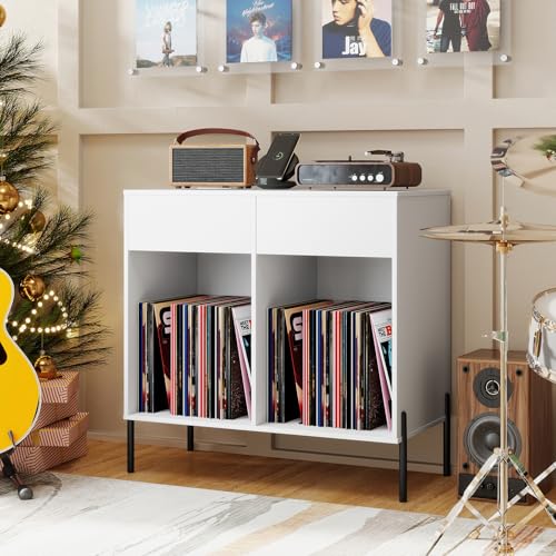LOKO Large Record Player Stand with Charging Station, Vinyl Record Holder with Storage Compartments & 2 Drawers, Turntable Display Stand with Metal Legs for Living Room, Bedroom, Office (White) LOKO