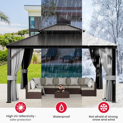 PAMAPIC 12'x14' Hardtop Gazebo, Double Roof Canopy with Netting and Curtains,2-Tier Hardtop Gazebo with Galvanized Iron Aluminum Frame, GardenTent for Backyard, Parties, Garden, Black Pamapic
