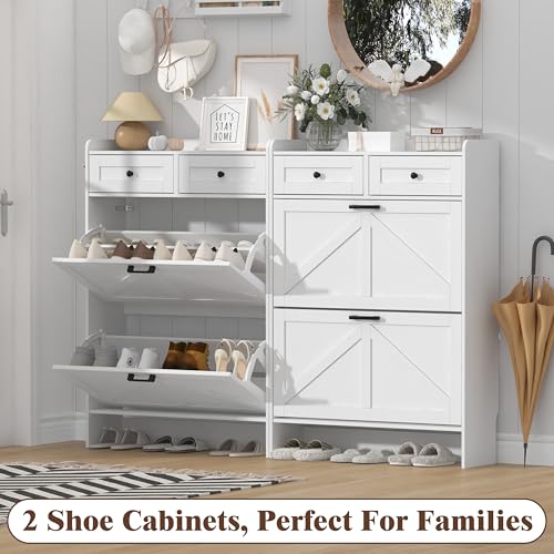 Thacuok Shoe Cabinet with 2 Flip Drawers & 2 Storage Drawers, Rustic Farmhouse Narrow Shoe Organizer Cabinet, Slim Shoe Rack Cabinet, Shoe Storage Cabinet for Entryway, Hallway, Front Door Thacuok