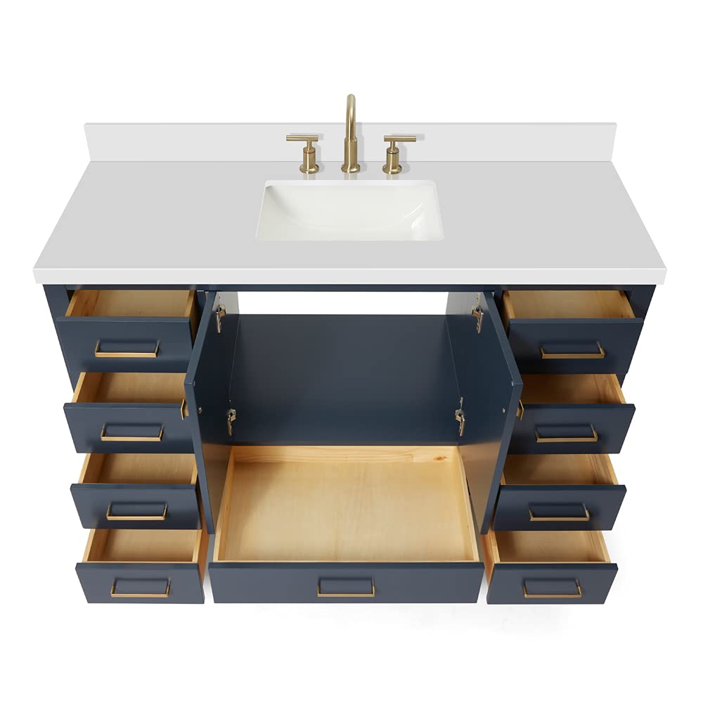 ARIEL Cambridge 55" Midnight Blue Bathroom Vanity with Sink, 1.5" Edge Pure White Quartz Countertop & Backsplash, Center Rectangular Sink, 2 Soft Closing Doors, 9 Full Extension Dovetail Drawers ARIEL