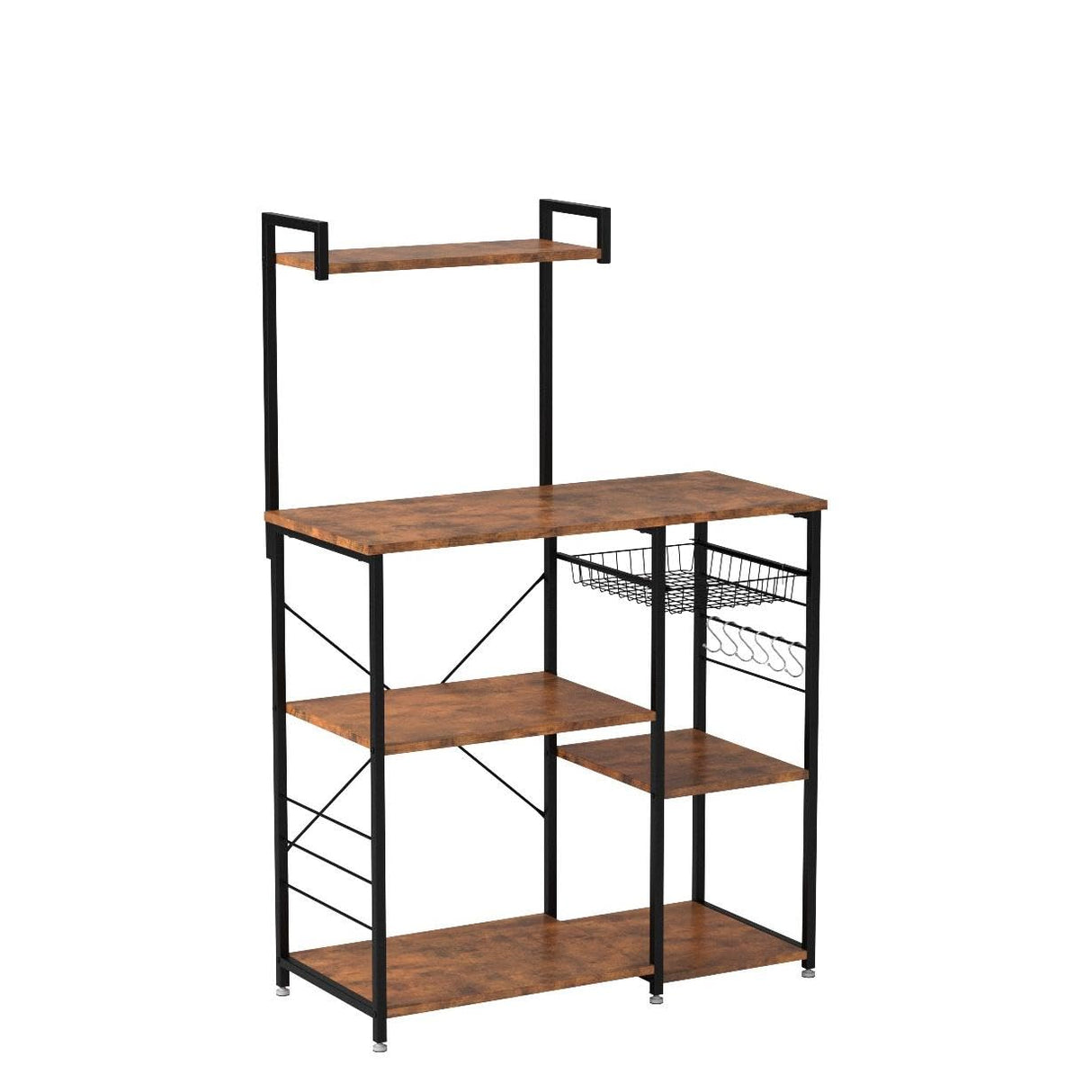 VASAGLE Rustic Brown Kitchen Storage Rack with Wire Basket and Hooks for Spices and Appliances VASAGLE