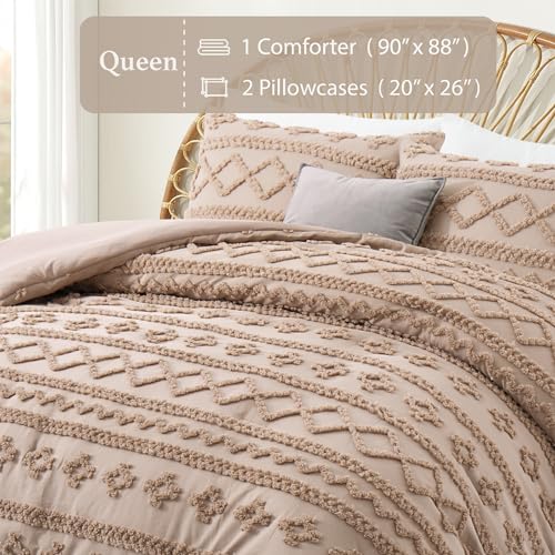 Oli Anderson Khaki Queen Comforter Set Tufted Bedding Set Queen 3 Pieces, Boho Shabby Chic Comforter with 2 Pillowcases (Khaki,Queen) Oli Anderson