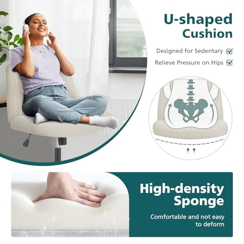 OLIXIS Criss Cross Chair with Wheels Wide Cross Legged Office Desk Vanity Chair Comfy Fabric Armless Adjustable Swivel for Home Computer Task Fabric Beige OLIXIS