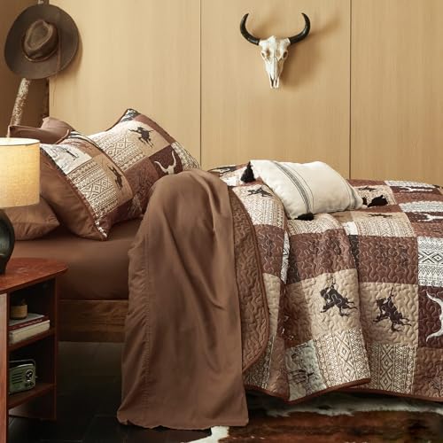 Wake In Cloud - Western Quilt Set, Southwestern Aztec Country Horse Cowboy Rustic Ranch Pattern Printed, Reversible Lightweight Bedspread Coverlet, 3 Pieces, Tan Brown, Queen/Full Size Wake In Cloud