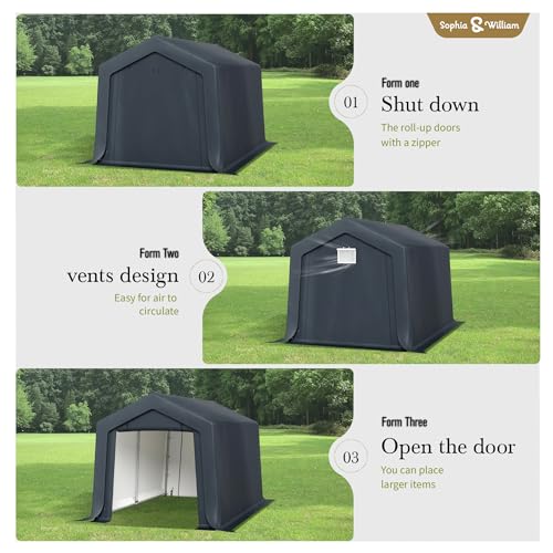 Sophia & William Outdoor Storage Shed Carport 8x12 ft Heavy Duty, Portable Garden Yard Car Port Shelter Storage Tent Garage with Roll Up Doors and Ventilation, Grey Sophia & William