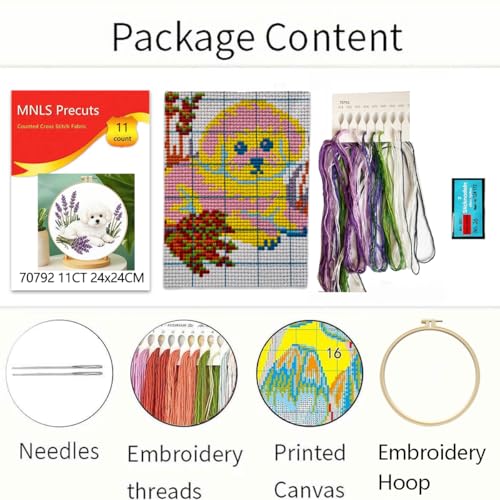 Zhenqing White Poodle Cross Stitch Kit with Lavender Bouquet, 11CT Printed 24x24cm, Beginner Embroidery Set with 20cm Hoop(70792)