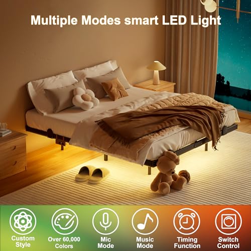 LUKIROYAL Floating Bed Frame Queen Size with Smart LED Lights and Charging Station - Modern LED Bed Frame with Lights, Floating Beds, Easy Assembly No Box Spring Needed. LUKIROYAL