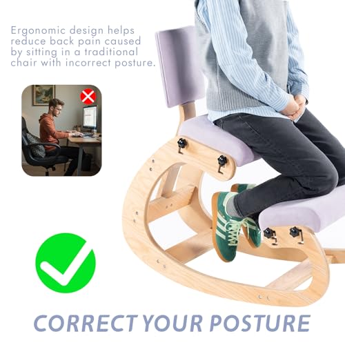 VDNEND Ergonomic Kneeling Chair with Back Support,Wooden Kneeling Chair Desk for Work, Rocking Office Kneel Chairs for Relieve Back Pain, Kneeling Posture Chairs for Gaming,Home (Light Purple) VDNEND