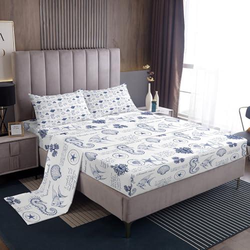 Coastal Sheet Set King Size,Seashell Conch Seahorse Starfish Coral Bedding Set 4Pcs,Ocean Beach Nautical Bed Sheet for Kids Teens Adult Room Decor,Navy White Fitted + Flat Sheet,2 Pillowcases Homewish
