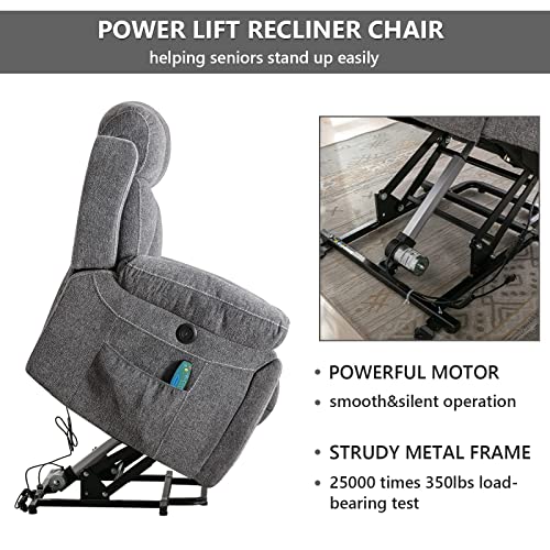 CANMOV Large Power Lift Recliner Chairs with Massage and Heat for Elderly Big People, Heavy Duty Motion Reclining Mechanism-Anti Skid Fabric Recliner Chair with 2 Concealed Cup Holders,Dark Gray CANMOV
