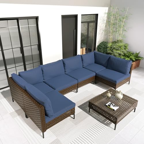 Grand patio 7-Piece Wicker Patio Furniture Set, Retro Outdoor Conversation Set Sectional Sofa with Water Resistant Blue Thick Cushions and Coffee Table, Brown Grand patio