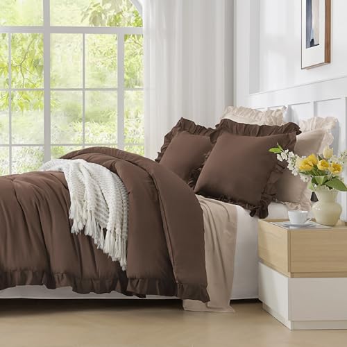 Andency Brown Comforters Queen Size, 3 Pieces Solid Shabby Chic Farmhouse Bedding Comforters & Sets, Lightweight Fluffy All Season Soft Down Alternative Bed Set for Women Men Andency