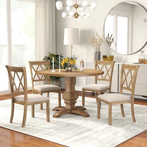 Roundhill Furniture Havre 5-Piece Dining Set, Pedestal Round Table with 4 Stylish Chairs, Oak Roundhill Furniture