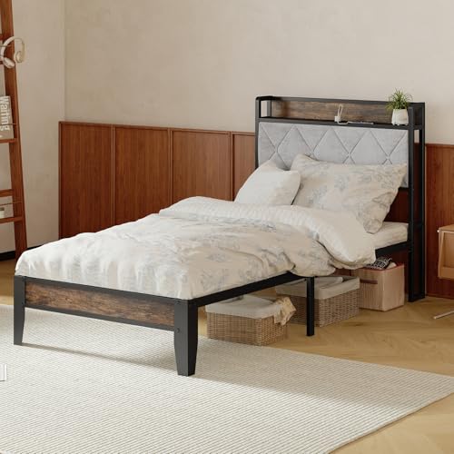 Sweetcrispy Twin Bed Frame with Headboard, Storage Headboard with USB Charging Station, Durable Squeak-Free Frame, Simple No-Tool Assembly,Works with Twin Mattress No Box Spring Needed Sweetcrispy