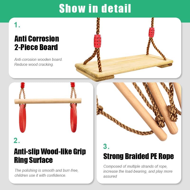 Weavelife 3 Pcs Gym Swing Set Includes Wooden Swing, Trapeze Bar with Rings & Climbing Rope Ladder for Kids, Indoor/Outdoor Play Equipment Combo Toy Gift with Hanging Hooks Weavelife