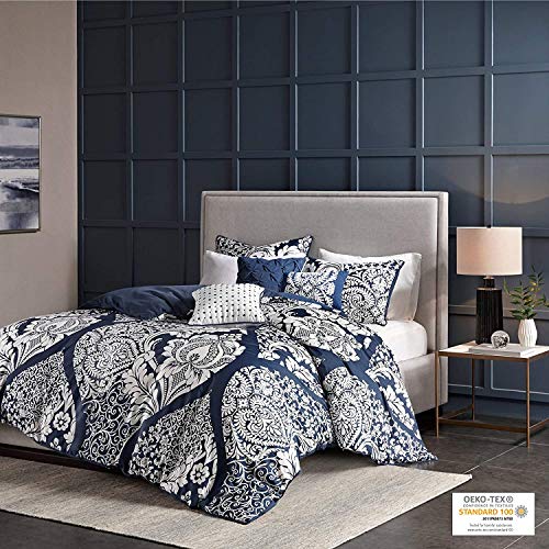 Madison Park Vienna Cotton Poly Blend Duvet Set - Classic Traditional Design, Cozy All Season Comforter Cover, Matching Shams, Decorative Pillows Vienna, King/Cal King(104"x92"), Indigo 6 Piece Madison Park