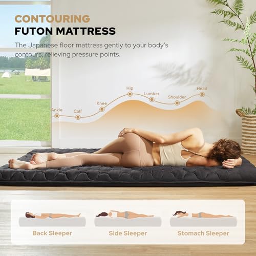 Japanese Floor Mattress, Futon Mattress Full Size 3" Thick Portable Sleeping Pad with High Density Foam, Foldable & Comfortable Tatami Mat for Adult, Roll Up Lounger Camping Bed, Gray BEDLORE