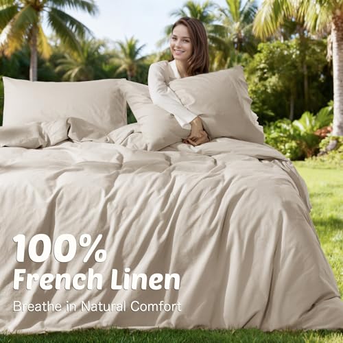 RTHX92N 100% Linen Duvet Cover Set Full Size, Pure Natural French Flax Linen Duvet Cover, Breathable for Hot Sleepers, Zipper Closure & Corner Ties - 3 Piece (Linen,Full) RTHX92N