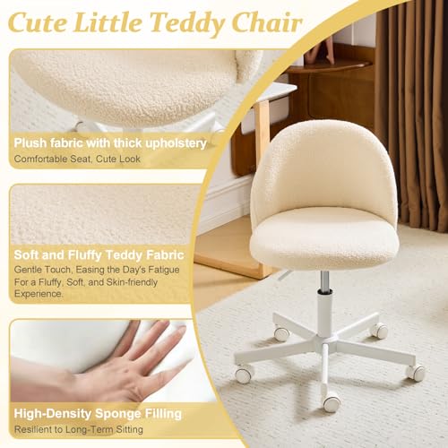 VINGLI Candy Chair Armless Cute Desk Chair,Comfy Small Office Chair with Wheels,Vanity Chair Lumbar Support,Teddy Adjustable Rolling Swivel Computer Task Chair for Home Office,Bedroom,Creamy Beige VINGLI