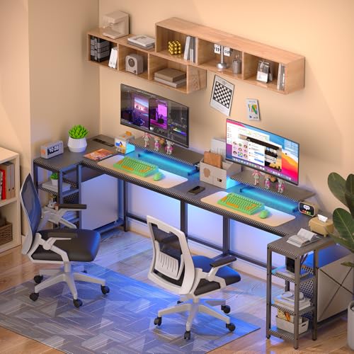 Eivanet L Shaped Gaming Desk with LED Lights & Power Outlet, 40" Reversible Computer Desk with Adjustable Monitor Stand and Storage Shelves Corner Home Office Desk for Small Space Carbon Fiber Black Eivanet