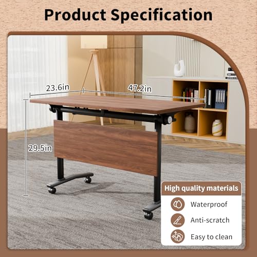 Folding Conference Table, Conference Room Tables for 6-12 Person, Modern Modular Training Table with 360° Silent Wheels, Large Mobile Foldable Seminar Meeting Tables for Office (6, Walnut, 47.2in) Jklmzpf