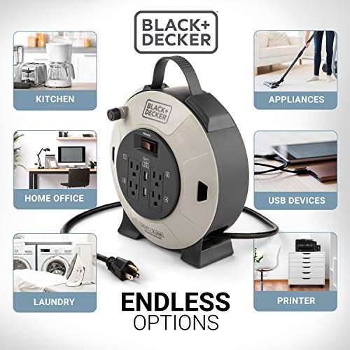 BLACK+DECKER 25 Ft. Retractable Extension Cord Reel With 4 Outlets, 2 USB Ports, Multi-Plug Extension, On/Off Switch & Heavy-Duty 16AWG SJT Cable Black + Decker