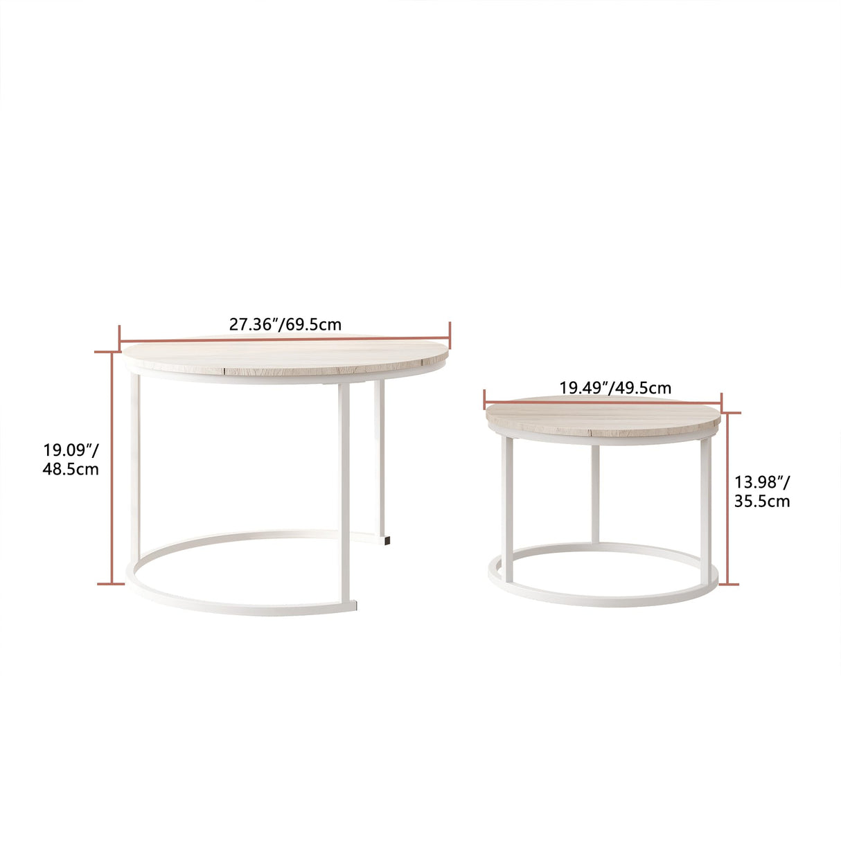 HOJINLINERO Round Coffee Table Set of 2 End Tables for Living Room,Modern White Coffee Table Nesting Tables,Living Room Tables Wood Furniture Metal Frame,Sturdy Stacking Side Tables,Easy Assembly,Oak HOJINLINERO