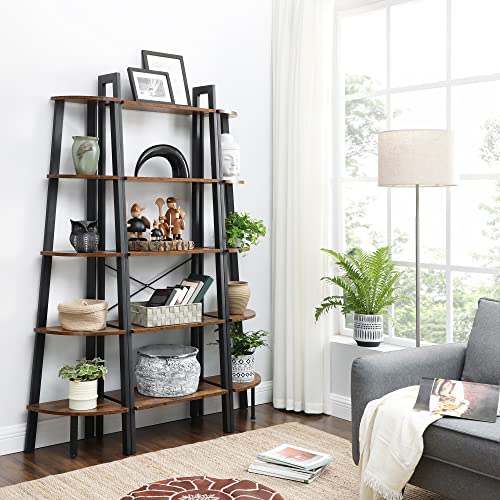 VASAGLE Industrial Bookcase, 5-Tier Corner Shelf, Plant Stand Wood Look Accent Furniture with Metal Frame for Home and Office ULLS35X, 12.8 x 13.4 x 62.6 Inches, Rustic Brown VASAGLE