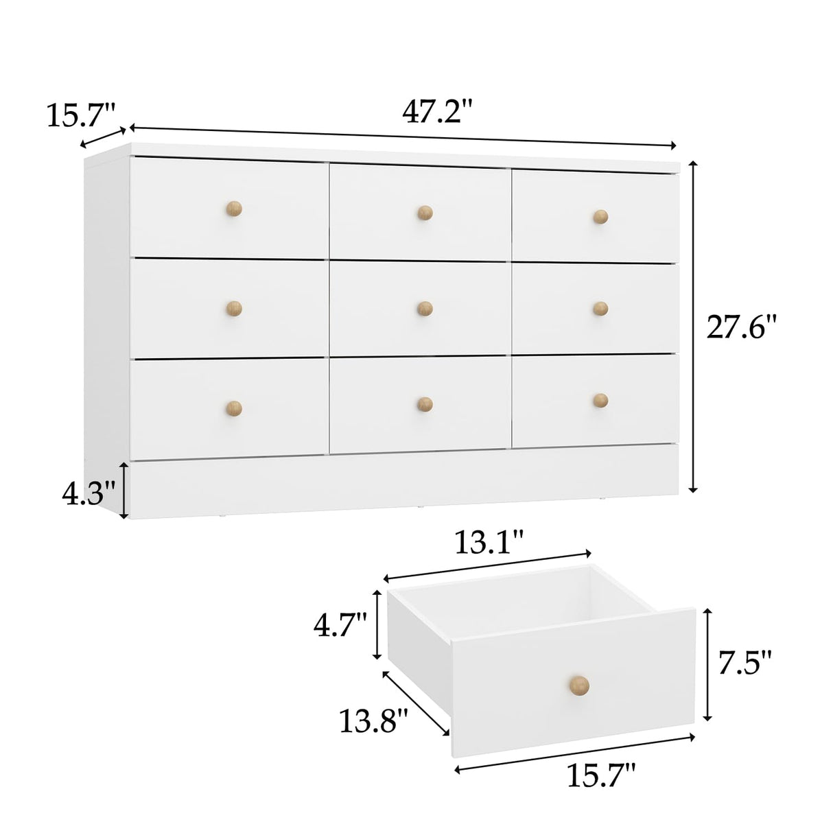 WOODTIME White 9 Drawer Dresser for Bedroom, 47.2“L Wooden Double Dresser, Modern Chest of Drawers Storage Organizer Dresser for Entryway Hallway WOODTIME