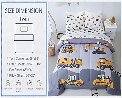 Cokouchyi Twin Size Comforter Set for Boys, 4-Piece Bed in a Bag, 3D Construction Bedding Comforter Sheet Set, Ultra Soft and Fluffy, Cartoon Truck Cars Cokouchyi