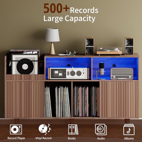 fineway Large Record Player Stand with Power Outlets & LED Lights, Record Player Table Cabinet with Vinyl Record Storage Holds up to 500 Albums, Turntable Stand for Living Room, Bedroom fineway
