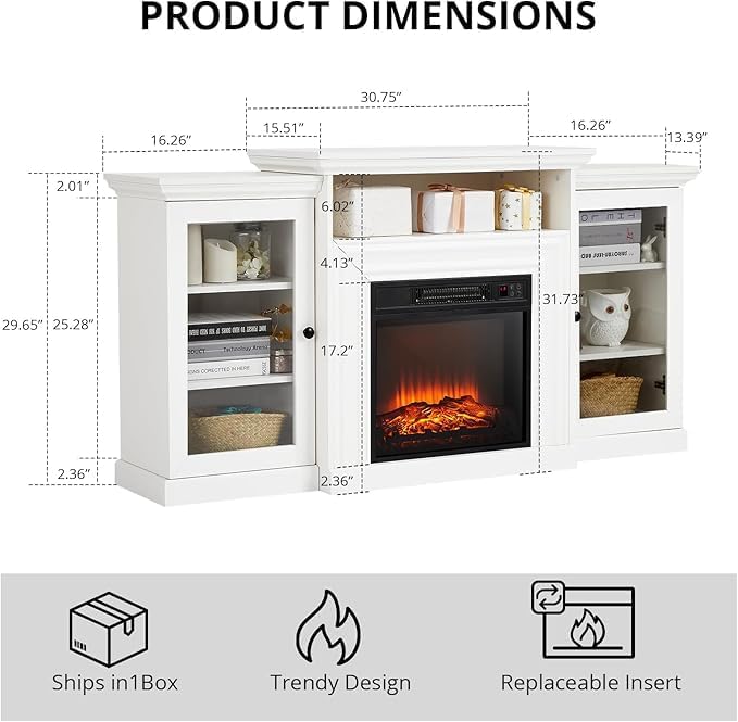 White Farmhouse Fireplace TV Stand with 3-D Real Flame Electric Fireplace for 65/75 inch TV, 31" Tall Highboy Entertainment Center, TV Console with 2 Glass Doors & Open Shelf for Living Room WARMTOBABY