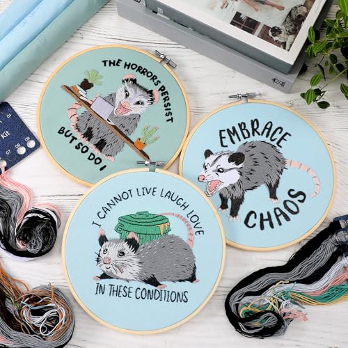 Mindsoft 3 Sets Possum Embroidery Kit with Embroidery Hoop Easy Pattern Needlepoint Kit for Beginners and Adults Hand Crafts Needlepoint Set with Needles Thread and Instruction