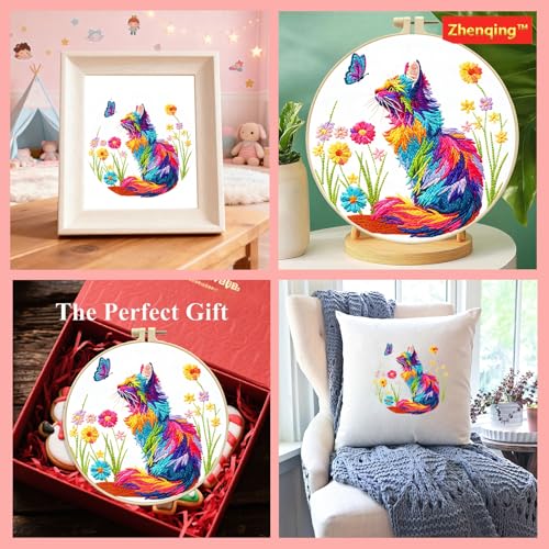 Zhenqing Rainbow Cat and Butterfly Embroidery Kit for Beginners, Whimsical Colorful Cat Design on Pre-Printed 29x29cm Circular Cotton Fabric with 20cm Hoop (C0209)