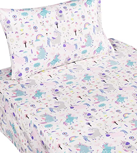 Scientific Sleep Cute Unicorn Flower Rainbow 100% Cotton Cozy Twin Bed Sheet Set, Flat Sheet & Fitted Sheet & Pillowcase Natural Bedding Set (Unicorn, Twin) Scientific Sleep