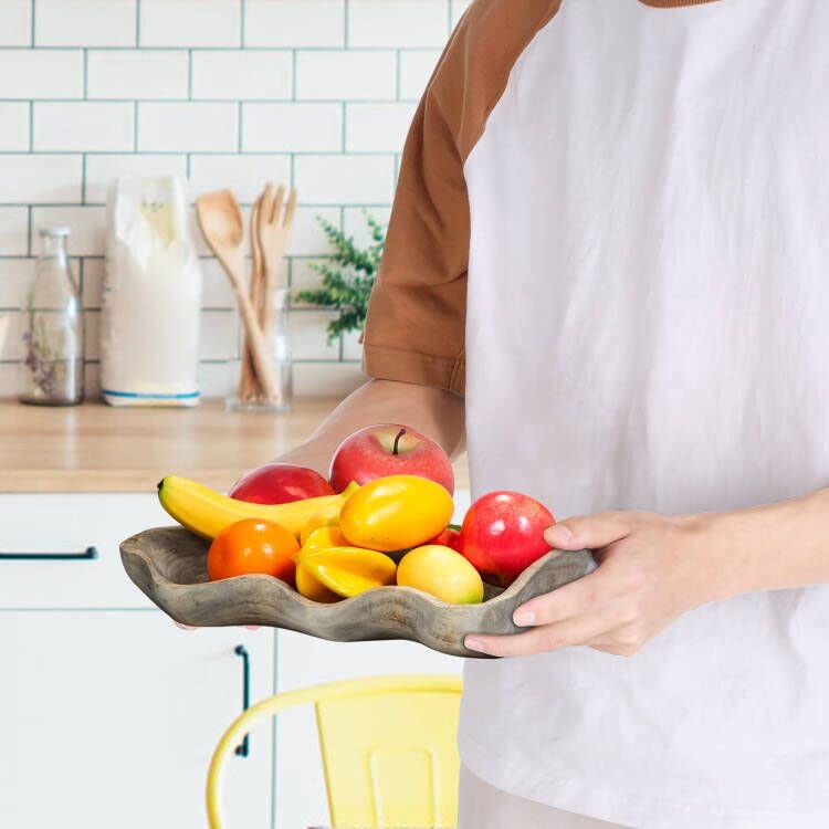 Wavy Live Edge Wooden Dough Bowl for Decor 16"L Medium Natural Root Wood Hand Carved Decorative Wooden Farmhouse Fruit Bowl Handmade, Home Decoration Centerpiece, Dining Room Table Display Bowl QIELSER