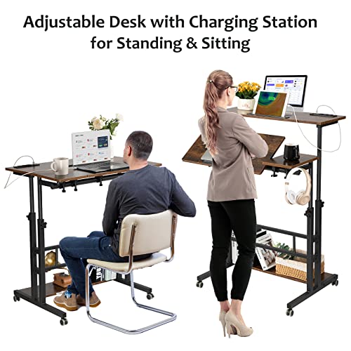 Hadulcet Mobile Standing Desk Adjustable Height, Rolling Desk Stand Up Desk, Mobile Laptop Desk, Rolling Computer Desk with Charging Station, Portable Desk with Wheels, Rustic Brown Hadulcet