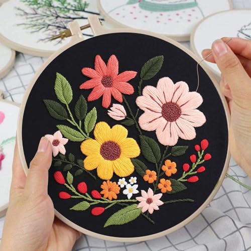 Louise Maelys 3 Sets Flowers Embroidery Kits for Beginners,Cross Stitch Kit for Adults,Crewel Starters Needlepoint with Floral Pattern,Hoop,Threads and Instruction