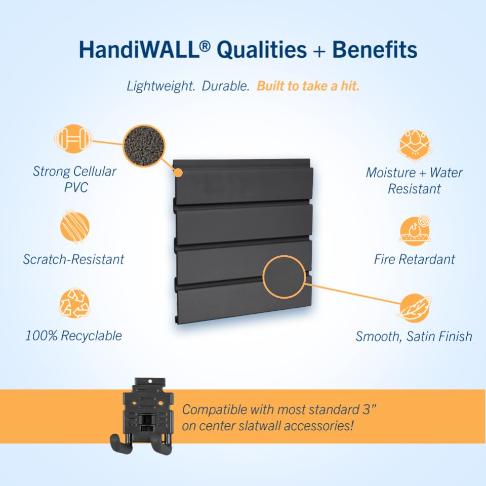 HANDIWALL (BLACK) PVC Slatwall Garage Wall Organizer, 4x2ft Heavy Duty Framed Slatwall Panel Storage Kit, Wall Mount Organizing Storage System For Slatwall Accessories HandiSolutions