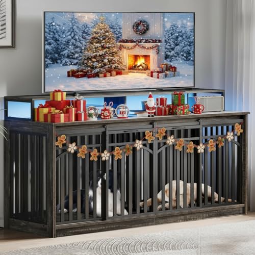 DWVO 71" Double Dog Crate Furniture with LED Light & Power Outlets, Heavy Duty Dual Dog Kennel TV Stand w Storage Shelves Sliding Doors, Wooden Two Dog Cage Table 2 Medium Large Dogs, Black Oak DWVO
